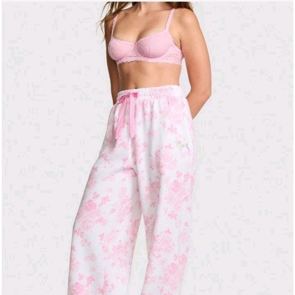 Pink x Loveshack Fancy Wide-Leg Sweatpants Floral Everblooming Size S Long NWT